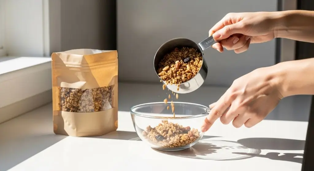 Measuring granola portion into bowl demonstrating nutrition label serving sizes - what to look for on nutrition labels