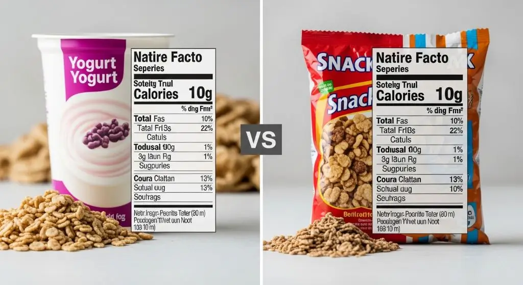 Nutrition label examples comparing yogurt cereal and snacks showing sugar calories and better food choices