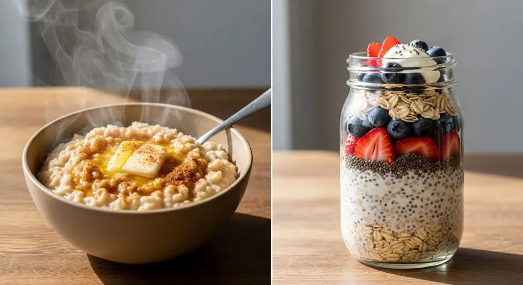 Oatmeal vs overnight oats comparison showing warm cooked oats and cold jar oats for easy breakfast choice