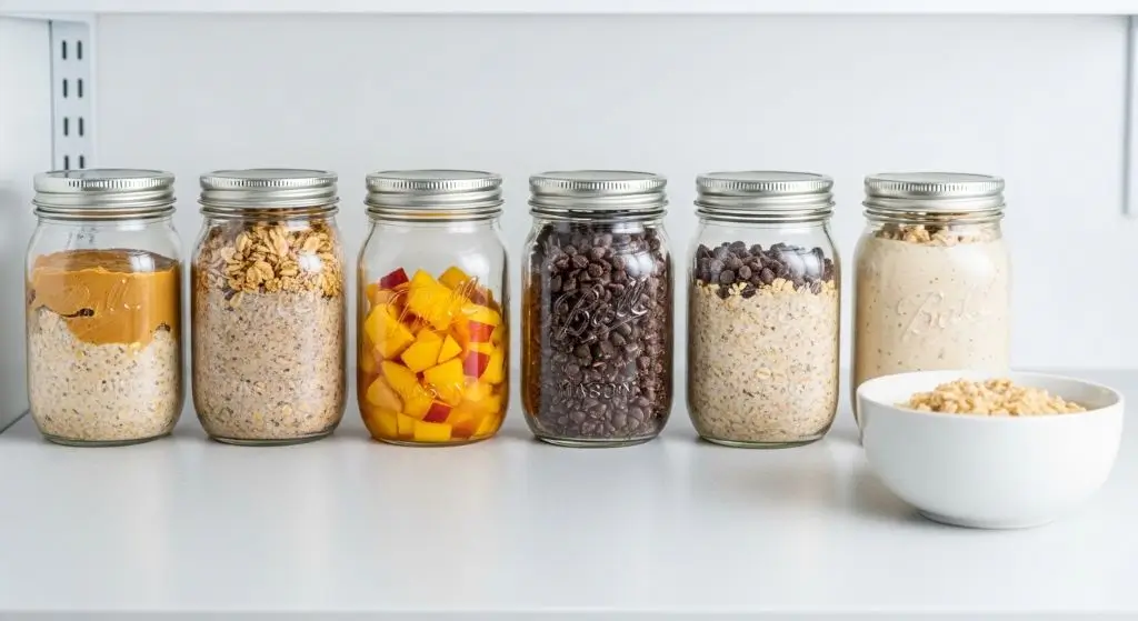 Meal prep setup showing jars of overnight oats in fridge versus single bowl of fresh hot oatmeal on counter