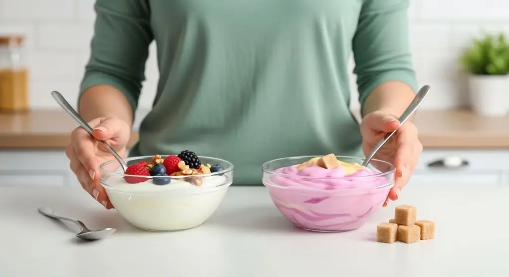 Plain Greek yogurt with fresh fruit next to sugary flavored yogurt , which yogurt is best for weight loss comparison