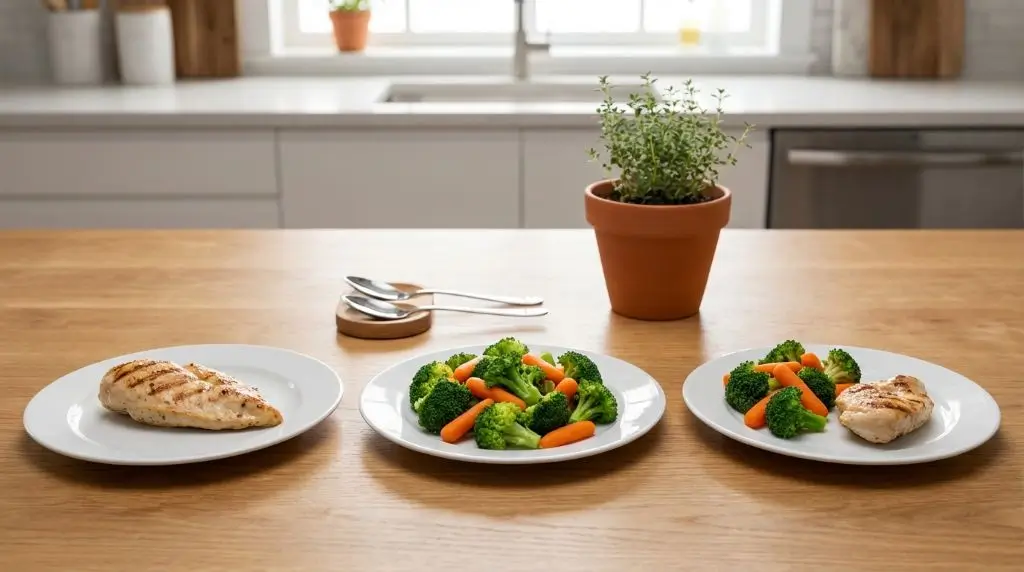 Protein vs fiber vs balanced meal showing why protein and fiber keep you full longer compared to single nutrient meals