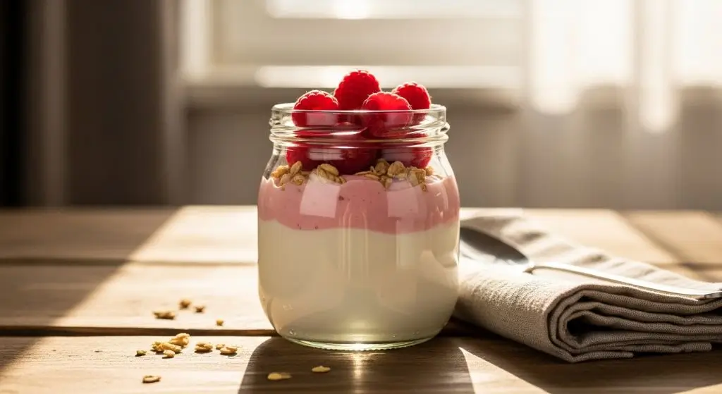 Layered jar with half plain and half flavored yogurt topped with berries, a smarter way to enjoy yogurt while limiting added sugar in yogurt.