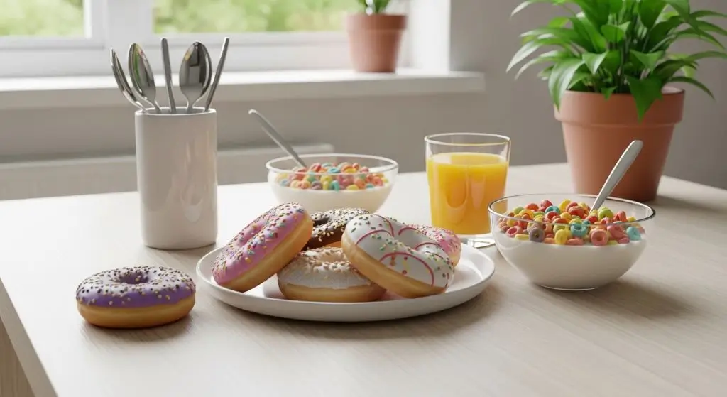 Sugary breakfast with cereal and donuts showing why breakfast doesn’t keep me full and causes energy crash and early hunger