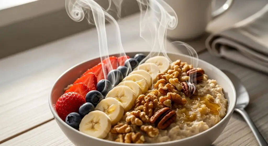 Oatmeal vs overnight oats in a cozy kitchen with window view showing warm bowl and jar breakfast for easy daily choice