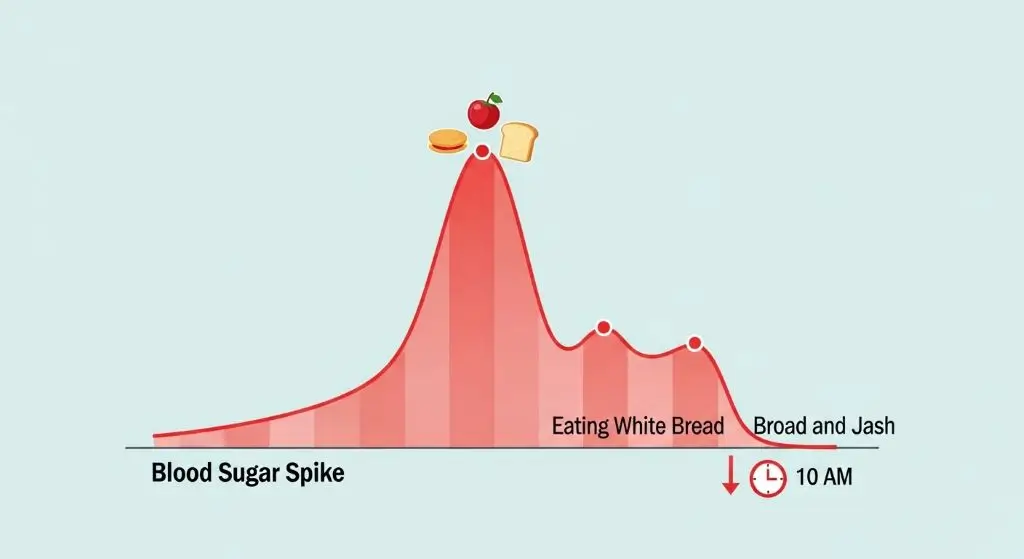 Blood sugar crash chart explaining why do I feel hungry after eating breakfast and breakfast not filling problem