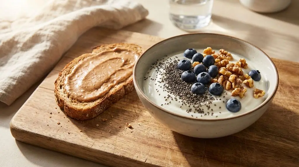 why protein and fiber keep you full with greek yogurt chia seeds and berries in morning light