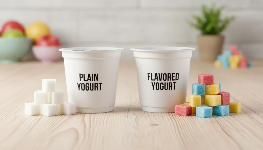 Is flavored yogurt healthy sugar comparison showing plain vs flavored yogurt with visible sugar cubes to highlight added sugar difference