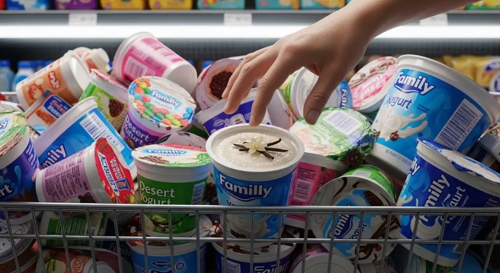 Grocery cart with sugary flavored yogurts and large tubs, common mistakes when asking is yogurt good for weight loss