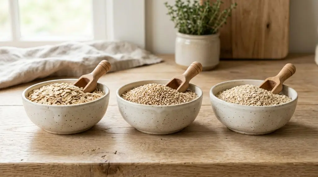 Best oats for overnight oats showing rolled oats, instant oats, and steel cut oats side by side.