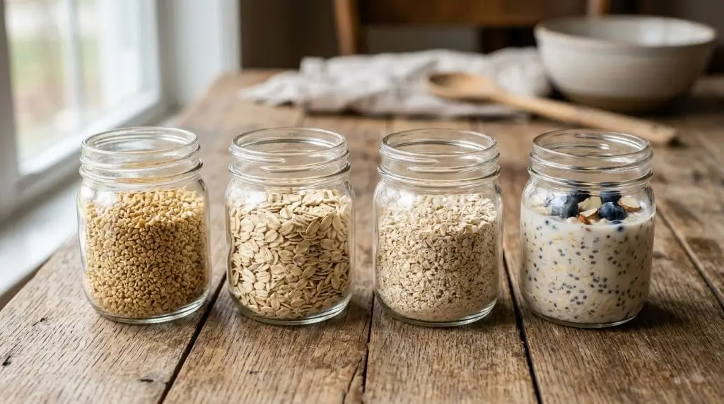 four oat types in jars comparing best oats for weight loss and healthy daily eating habits