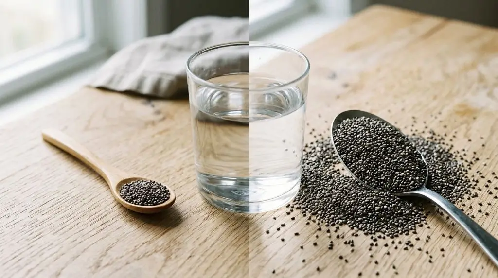 Chia seeds benefits and side effects shown with small portion and glass of water
