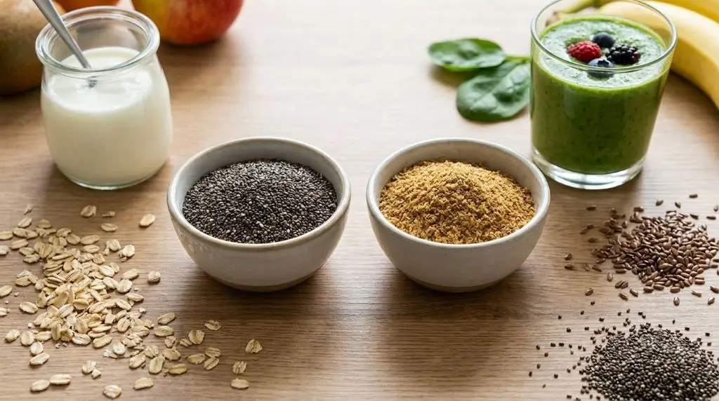 Chia seeds vs flax seeds nutrition comparison in white bowls on wood