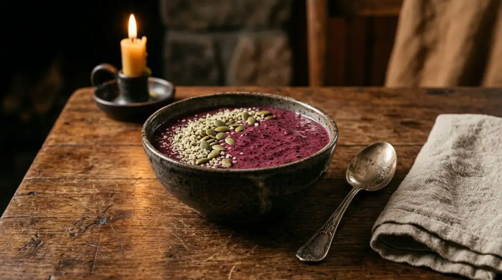 Classic smoothie bowl with hemp seeds protein and pumpkin on aged wood