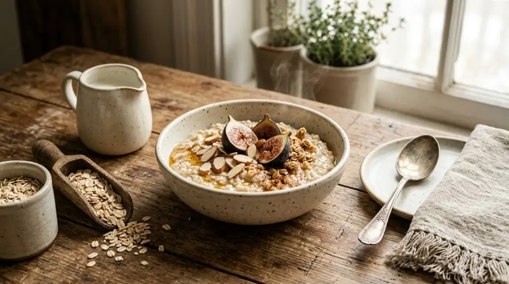 Classic healthy meals with oats featuring a warm oatmeal bowl topped with figs and almonds in a timeless farmhouse setting