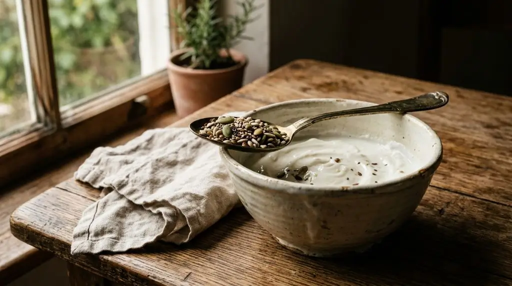 Vintage brass spoon of healthy seeds to eat daily with yogurt in a ceramic bowl