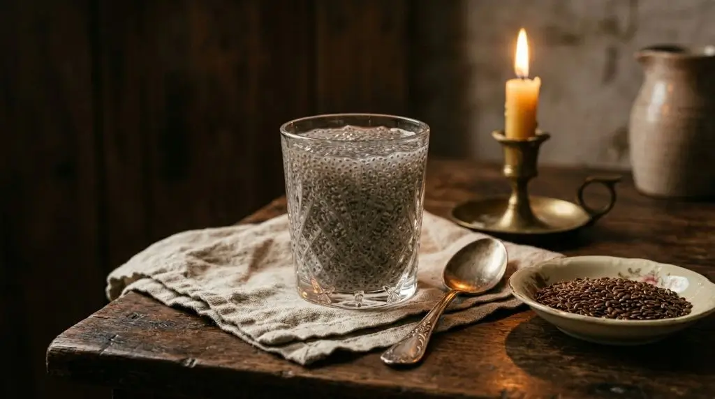 Chia seeds soaked in water showing that seeds are good for digestion