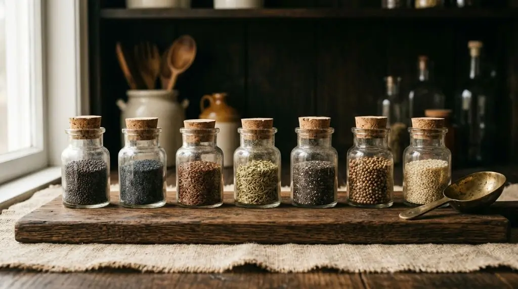 Seven vintage jars of the best seeds to eat daily arranged on dark oak
