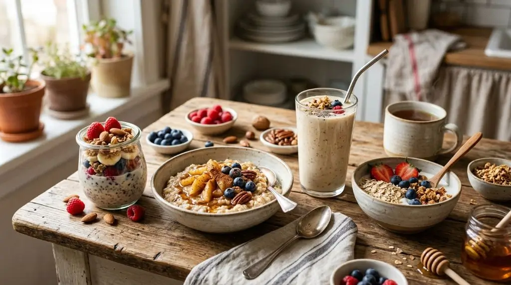 Healthy oats breakfast ideas with oatmeal, overnight oats, smoothies, and fiber-rich oat meals.