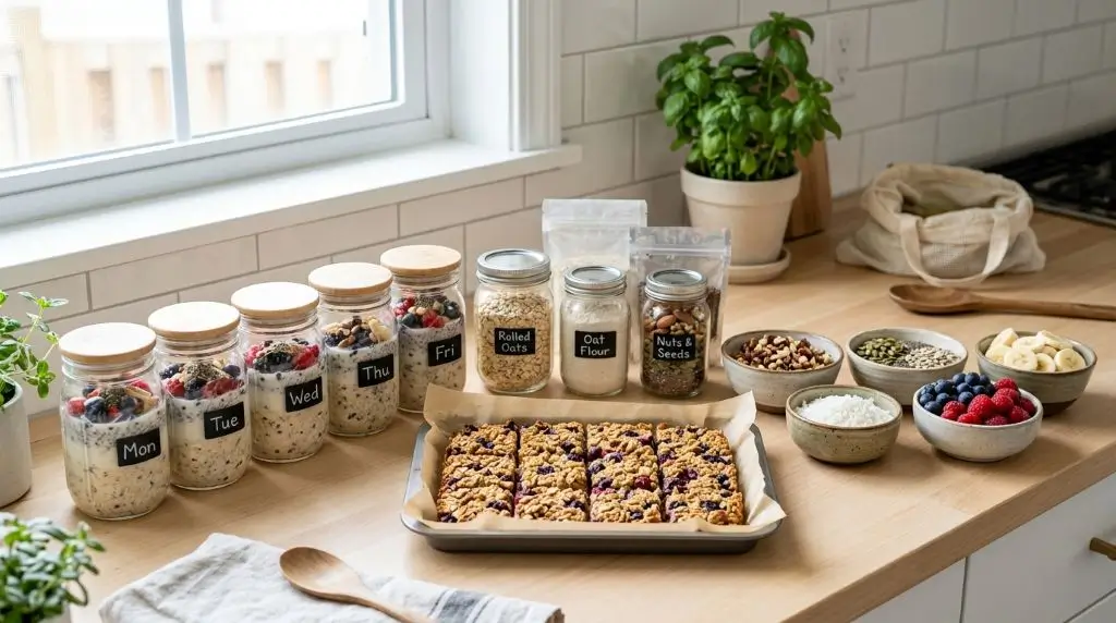 Healthy meals with oats prepared for the week including overnight oats, baked oats, and oat meal prep ideas