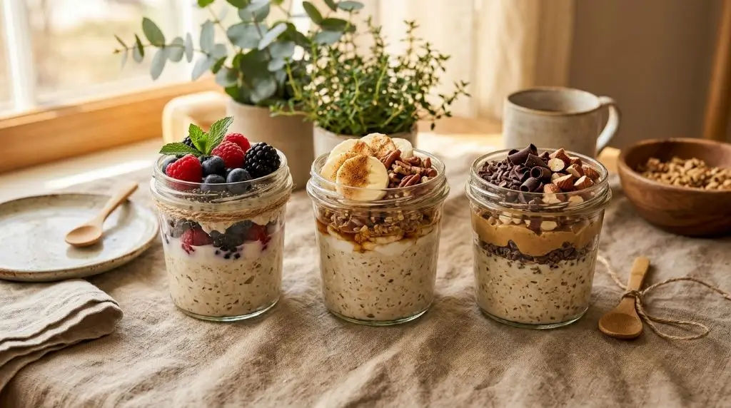 Healthy overnight oats recipe ideas with berries, banana cinnamon, and balanced overnight oats toppings.