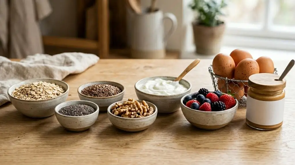 Fresh ingredients for oats based meals including seeds, nuts, berries, yogurt, and eggs