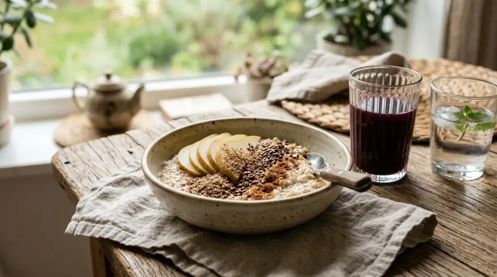 Oats for gut health with fiber-rich oatmeal, flaxseed, cinnamon, and healthy breakfast ingredients.