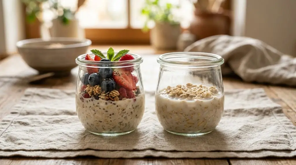 Two jars of overnight oats with fresh fruit, showing how can you eat overnight oats every day for oats nutrition benefits.