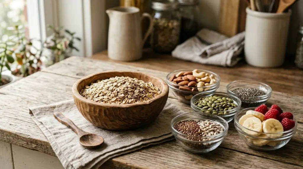 Dry oats nutrition facts showing fiber, protein, minerals, and healthy breakfast ingredients on a wooden table.