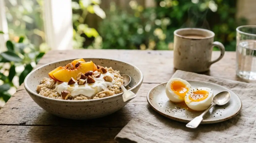 Oatmeal with Greek yogurt and nuts demonstrating oats protein for a balanced morning meal