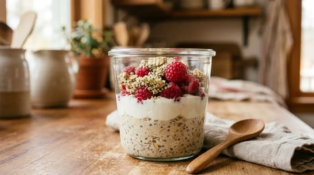 Overnight oats benefits in a jar with Greek yogurt and berries, adding protein to oats nutrition benefits.
