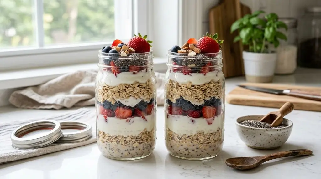 Overnight oats meal prep in mason jars with yogurt, chia seeds, and fresh strawberries