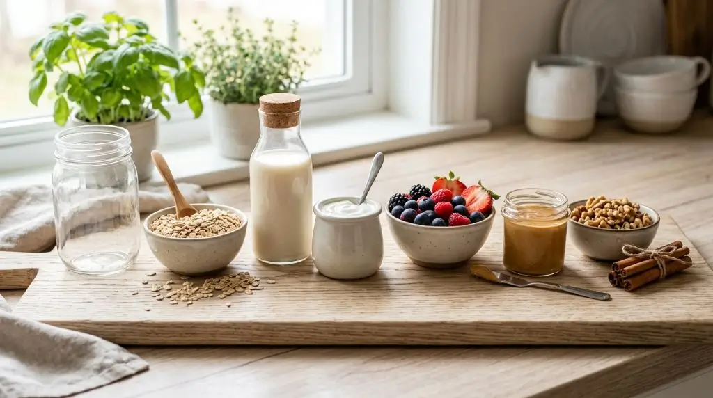 Overnight oats nutrition facts with rolled oats, milk, berries, walnut and peanut butter in a balanced breakfast setup.