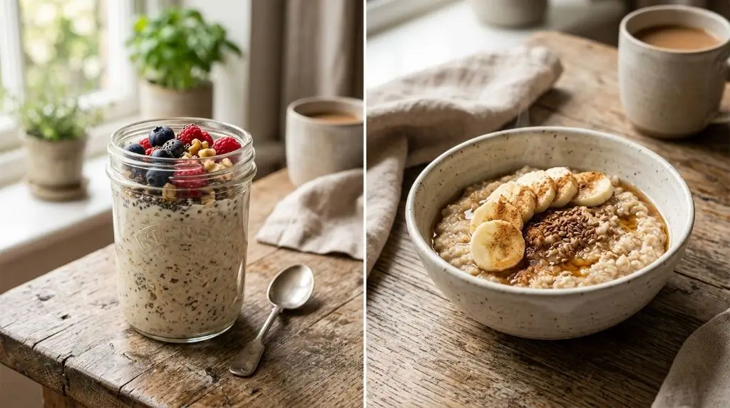 Overnight oats vs oatmeal comparison showing cold overnight oats and warm oatmeal breakfast bowls.