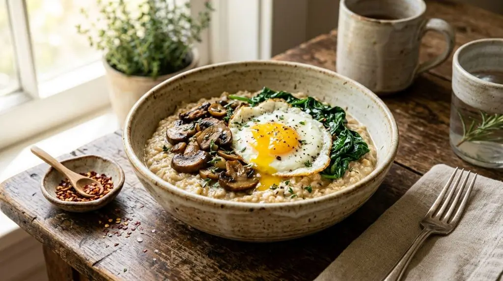 A savory oats recipe with mushrooms, spinach, and a fried egg in a rustic bowl