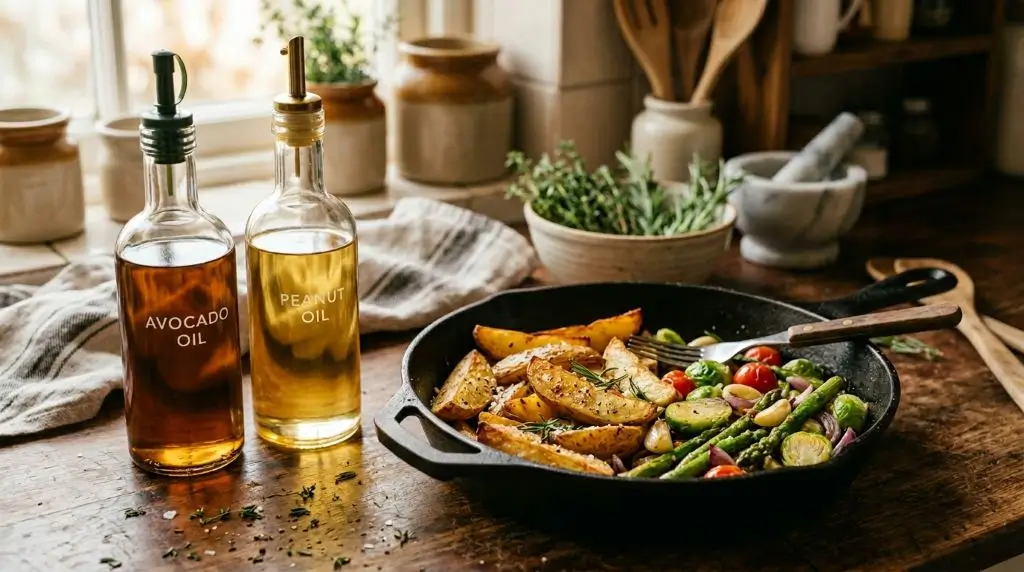 Avocado oil and peanut oil shown as healthiest cooking oils suitable for high heat frying and sautéing.
