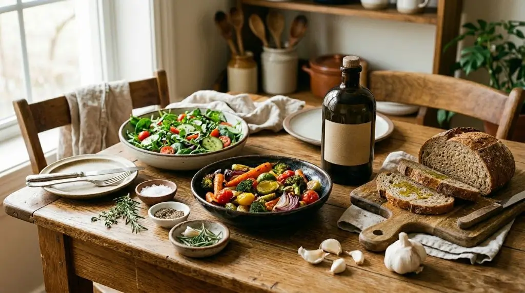Extra virgin olive oil used as one of the healthiest cooking oils for everyday meals with vegetables and salad.