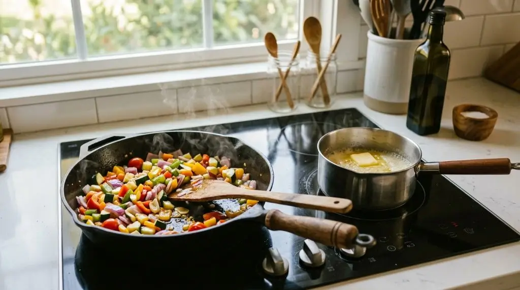 Butter vs olive oil for cooking shown with vegetables and everyday home kitchen preparation