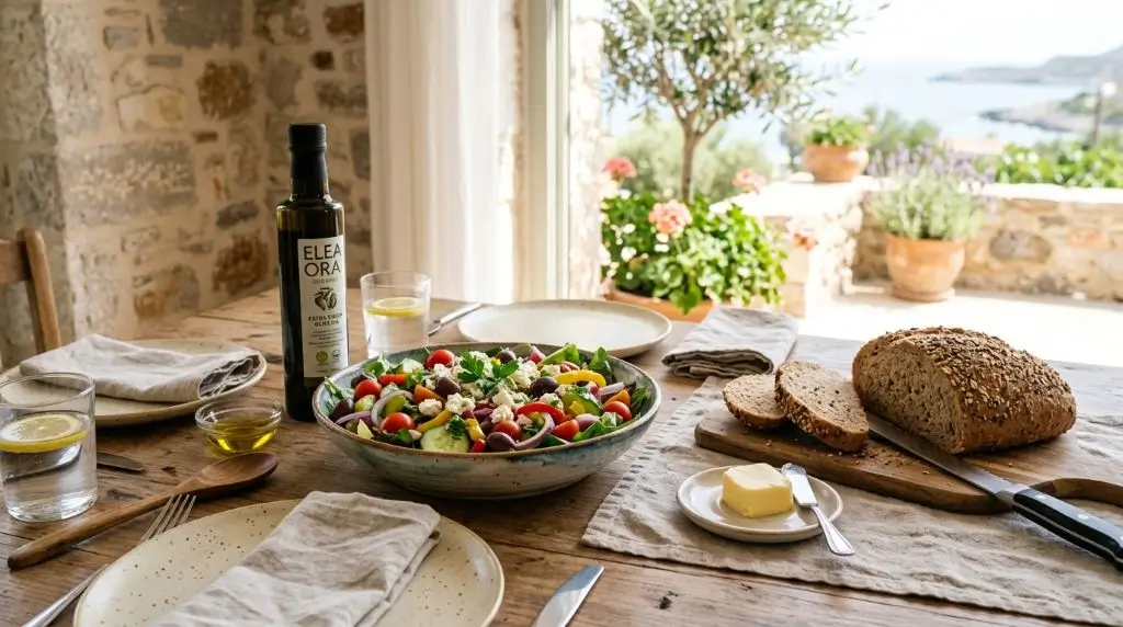 Butter vs olive oil health comparison with balanced meal and Mediterranean inspired ingredients
