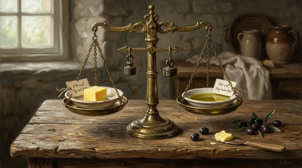Butter vs olive oil nutrition compared on a vintage brass kitchen scale.