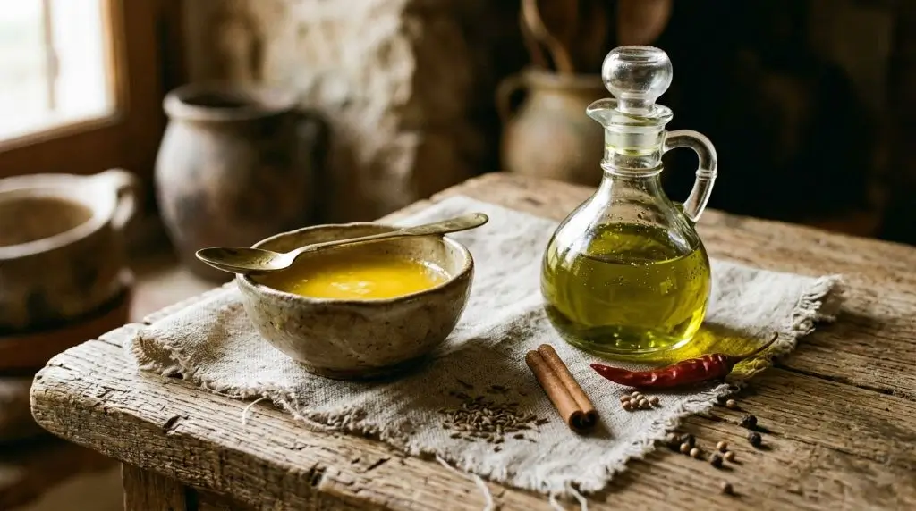 Clarified butter vs olive oil shown as golden ghee in a hand-thrown clay bowl.