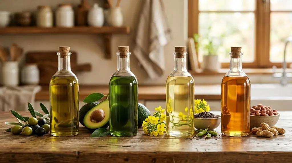 Cooking oils comparison featuring olive oil, avocado oil, canola oil and peanut oil for everyday cooking choices.