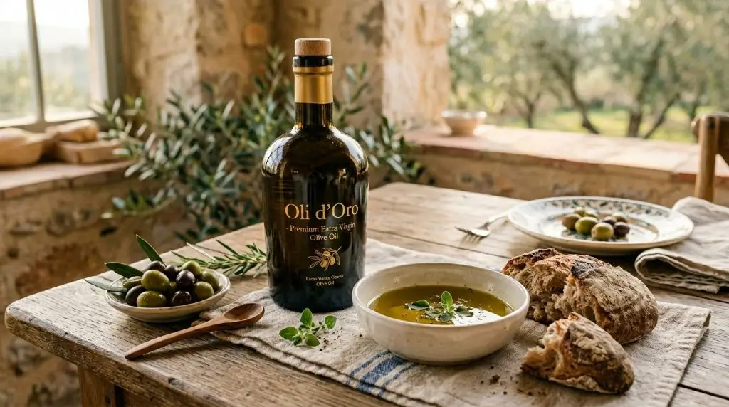 Extra virgin olive oil benefits highlighted with fresh olives and simple Mediterranean-style foods.