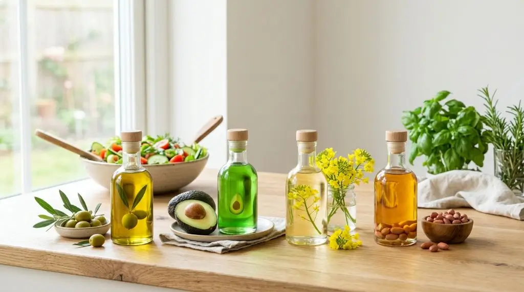 Healthiest cooking oils including olive oil, avocado oil, canola oil, and peanut oil arranged for everyday cooking guide
