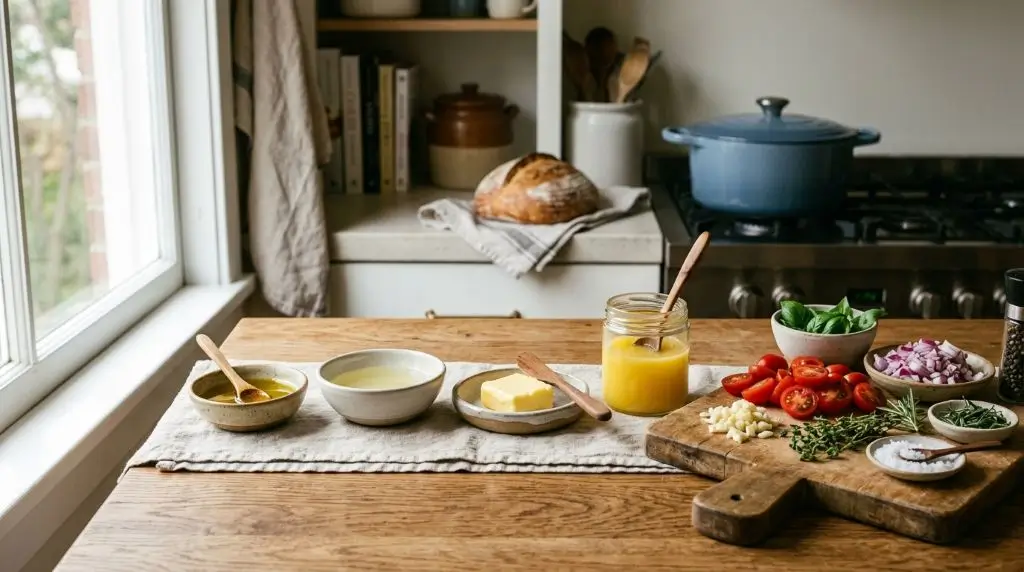 Healthy fats comparison featuring plant oils and animal fats for different cooking methods and recipes