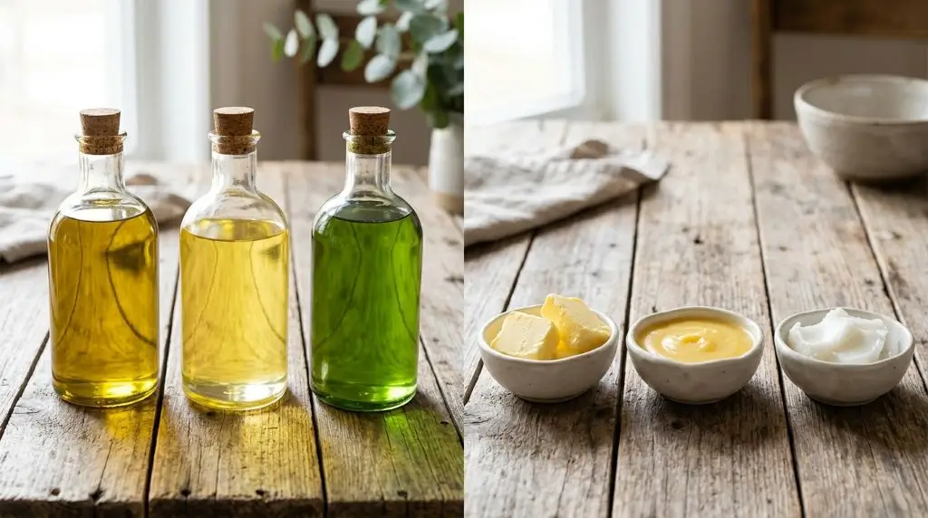 Healthy fats comparison of plant oils and animal fats in bottles and dishes side by side