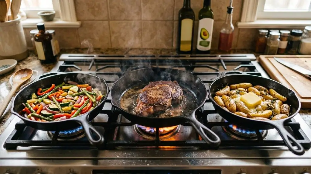 Healthy fats for cooking different methods with olive oil avocado oil and butter in skillets