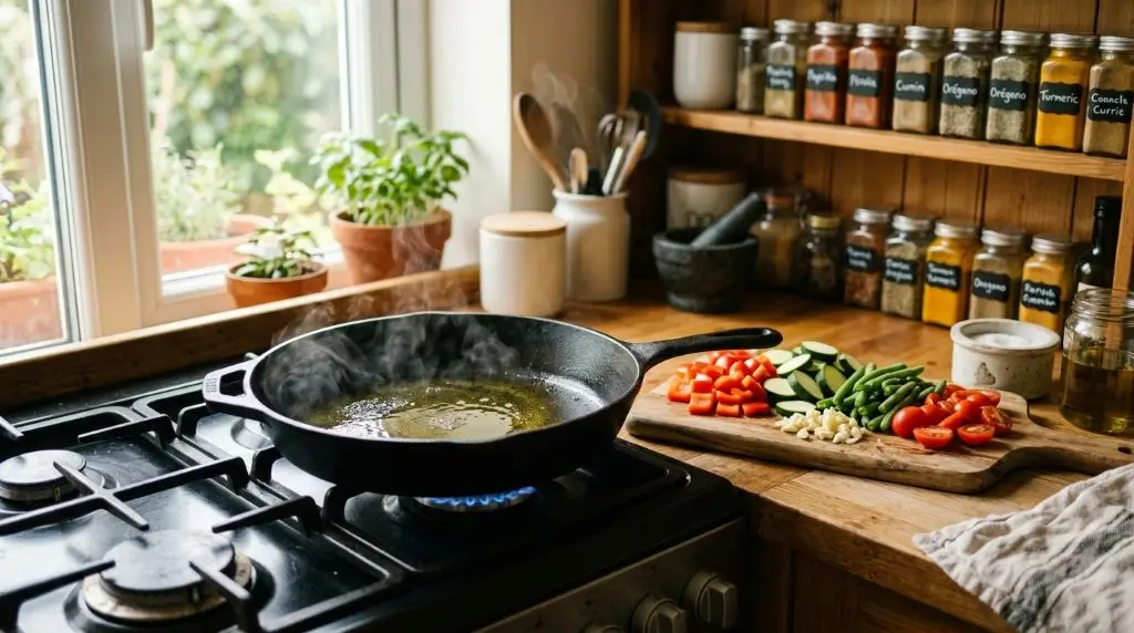Healthy cooking oils including avocado oil and refined olive oil prepared for high heat cooking in a kitchen.