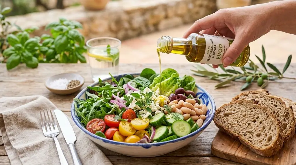 Olive oil food benefits shown in a balanced meal with vegetables, beans, and healthy everyday ingredients.
