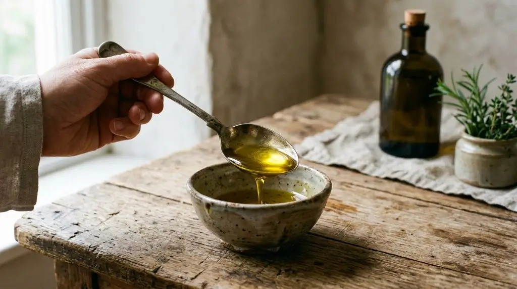 Tablespoon of golden olive oil showing olive oil nutrition facts for healthy cooking